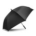 A black umbrella with a sleek design featuring a logo on the handle.