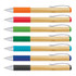 A bamboo twist pen collection featuring eight pens with coloured grips in orange, green, blue, and black.