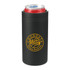 A drink bottle styled vacuum tumbler in black, featuring a logo, holding a slim can inside.