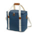 A canvas cooler bag in navy blue with cream straps and a brown leather handle, featuring a zippered top and front pocket.