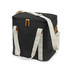 A black canvas cooler bag with cream straps and a zip closure, featuring a front pocket and branding.