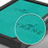 A teal notebook with a textured finish and a silver pen, presented in a black gift box featuring a logo.