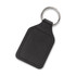 A square black leather key ring with a metal keychain attachment and decorative stitching.