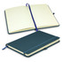 A navy blue notebook with a textured cover, featuring lined pages and a matching ribbon bookmark.