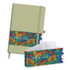 A green notebook with a decorative band featuring vibrant leaf patterns and a logo. Includes a matching envelope.