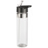 A drink bottle with a clear body, stainless steel accent, and a black flip-top lid. It holds 600ml of liquid.