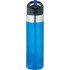 A drink bottle in vibrant blue with a black lid and stainless steel detailing. It has a built-in straw.