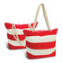 A red and white striped tote bag with rope handles, featuring a branding logo on the side.