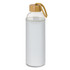 A drink bottle featuring a glass body, white neoprene sleeve, and a bamboo lid with a string handle.
