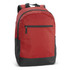 A red and black backpack with a front zip pocket and adjustable straps. It features a logo on the side.