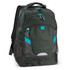 A dark green backpack with blue accents and mesh side pockets, featuring a logo on the front.