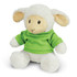 A soft, plush lamb toy with a cream body and a green sweatshirt, featuring oversized ears and a friendly expression.