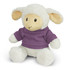 A soft lamb plush toy with cream fur and large ears, wearing a purple shirt. It has a cute, smiling face.