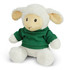 A plush lamb toy with a fluffy white body and fuzzy ears, dressed in a green top. It has a cheerful expression.