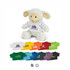 A fluffy white lamb plush toy wearing a white shirt, surrounded by colourful miniature shirts in various hues.