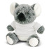 A grey koala plush toy with white accents, wearing a plain white shirt. It has large eyes and a friendly expression.