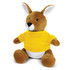 A brown kangaroo plush toy wearing a yellow T-shirt, with distinct white ear tufts and a white belly.