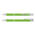 A green metal pen with silver accents, featuring a smooth finish and a clip for easy attachment.