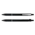 A black metal pen with a textured grip and silver accents, featuring a clip and a sleek design.