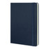 A large Moleskine Classic hard cover notebook in navy blue with an elastic band and rounded edges.