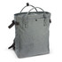 A grey tote backpack with handles, adjustable straps, and a textured fabric design. It features a logo on the front.