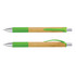 A bamboo pen with silver accents and bright green grip and clip sections. The pen features a logo.