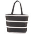 A striped insulated cooler bag in black and white with two sturdy handles. It features a logo on the side.