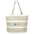 A light green insulated cooler bag with white stripes and a logo on the front. Features two shoulder straps.