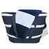 An insulated cooler bag in navy and white stripes, featuring a plush navy blanket draped over it.