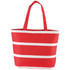 A red insulated cooler bag with white stripes and two handles. It features a logo on the front.