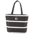 A black and white insulated cooler bag with a logo, featuring two sturdy handles for easy carrying.