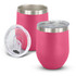 A drink bottle set featuring two pink vacuum cups with stainless steel rims and clear lids.