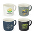A set of four coffee mugs in various colours featuring different logos and designs.