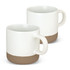 A set of ceramic coffee mugs in white and tan, featuring a simple design with a prominent handle.