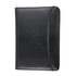 A black imitation leather zip compendium featuring a sleek design and a branded logo.