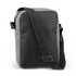 A compact grey and black travel bag with an adjustable strap and a branded logo.