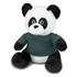 A plush toy of a panda wearing a green shirt, featuring black and white fur with a soft appearance.
