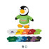 A penguin plush toy with an orange beak and feet, wearing a green shirt, surrounded by various colourful t-shirts.