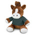 A brown horse plush toy with white accents, wearing a green shirt, sitting in a relaxed position.