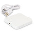A square white wireless charger with a USB cable. The charger has a sleek design and a simple appearance.
