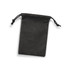 A small black drawstring gift bag with a textured surface and ties at the top.