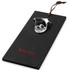 A drink bottle opener in silver metal mounted on a black rectangular base with a leather cord, featuring a logo.