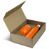 An orange drink bottle and cup in a cardboard gift box, featuring an unbranded logo.
