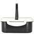 A black and white plastic lunch box with a handle, featuring a sleek design and a secure lid.