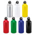 A drink bottle collection in metallic silver, white, yellow, red, green, blue, and black, featuring a secure lid and a clip.