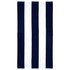 A striped cotton beach towel featuring navy blue and white colours with a logo in one corner.
