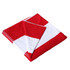 A red and white striped cotton beach towel, neatly folded and featuring a logo.