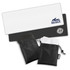 Two RPET cooling towels in black and white, each in a black drawstring pouch, featuring various logos.