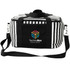 A striped black and white cooler bag with a detachable shoulder strap and a logo on the front.