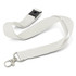 A white glow-in-the-dark lanyard with a black clip and a metal hook for attaching items.